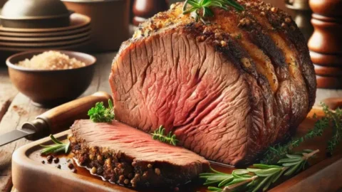 A beautifully presented chuck roast on a wooden cutting board, garnished with fresh rosemary and thyme