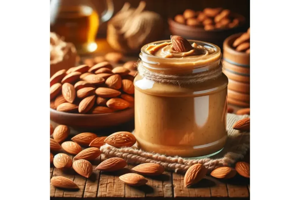 Jar of almond butter with whole and halved almonds on a wooden table