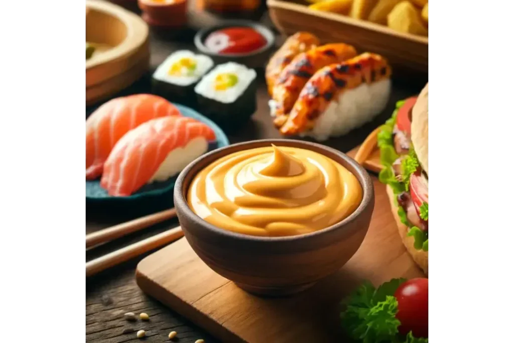 Bowl of spicy mayo on a table with sushi, sandwiches, and grilled meats around it
