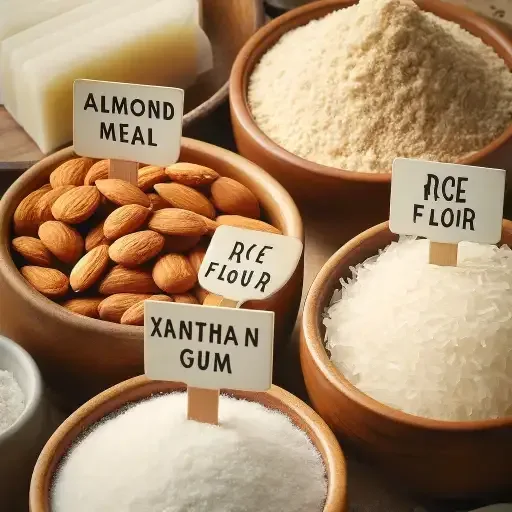 Close-up of gluten-free baking ingredients like almond meal and rice flour. Explaining What is spicy mayo made of