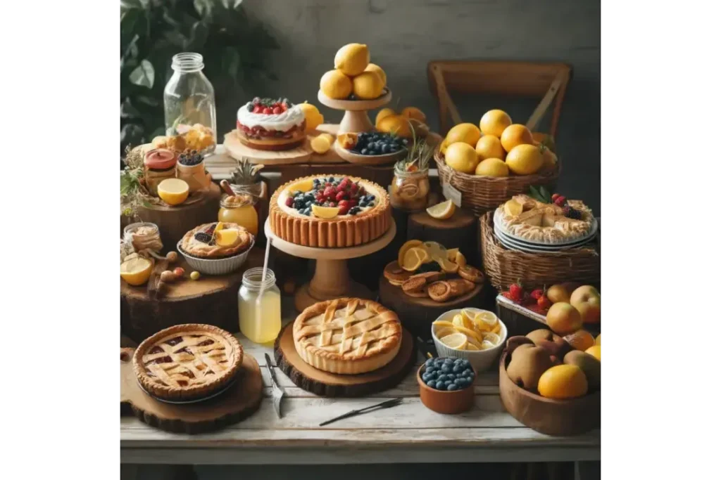 Festive Christmas dessert table with red and green garnishes.