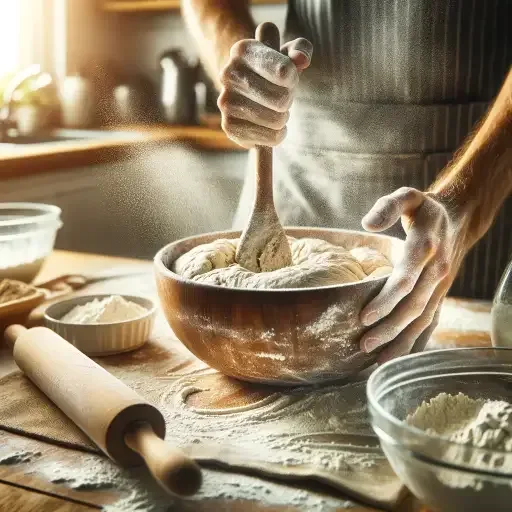 Home baking of gluten-free bread with ingredients and mixing bowl