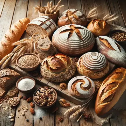 Assorted gluten-free breads on a wooden table
