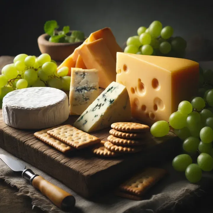 Assorted aged White Cheddar cheese on a wooden board with accompaniments