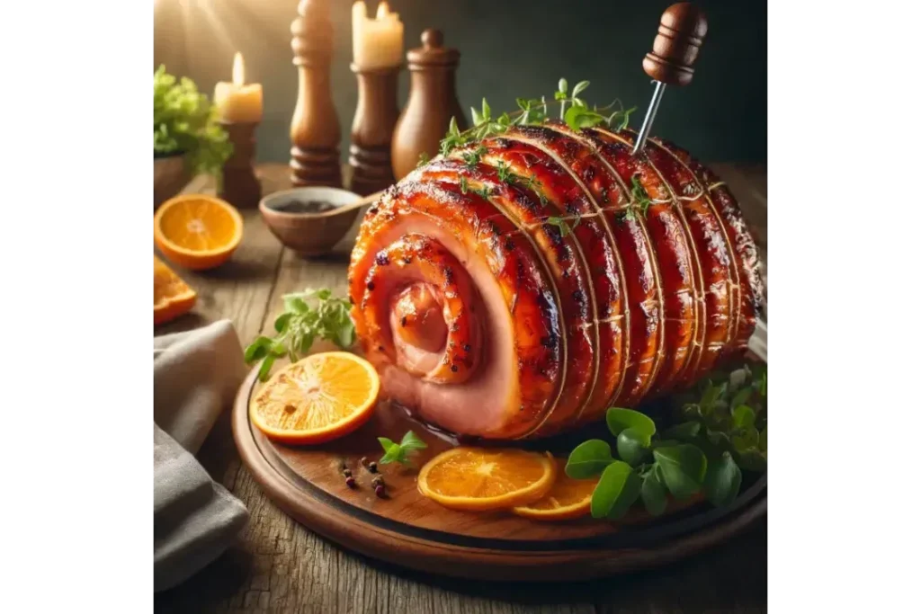 A beautifully glazed spiral ham on a serving platter garnished with fresh herbs and orange slices, placed on a rustic wooden table.