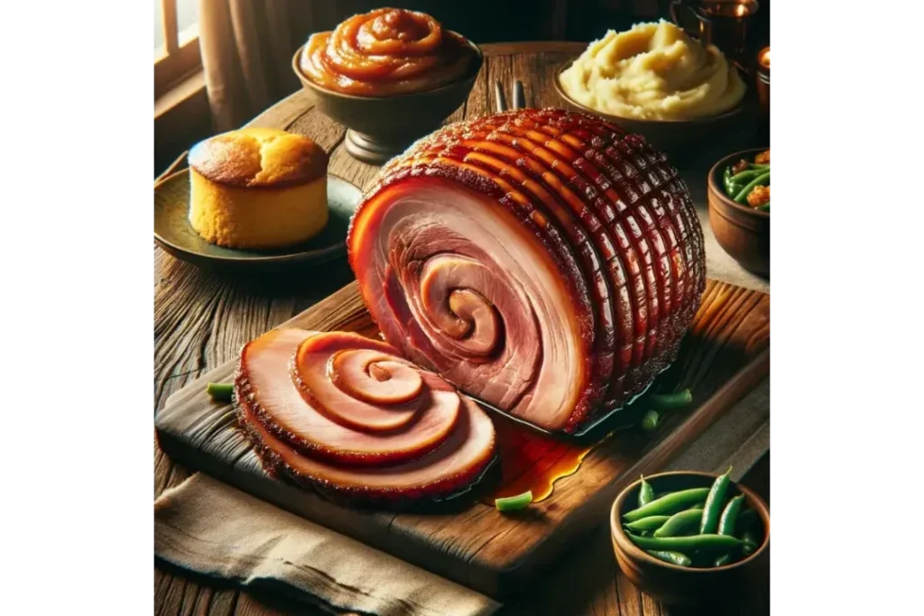 A beautifully glazed spiral ham on a rustic wooden table surrounded by holiday sides.