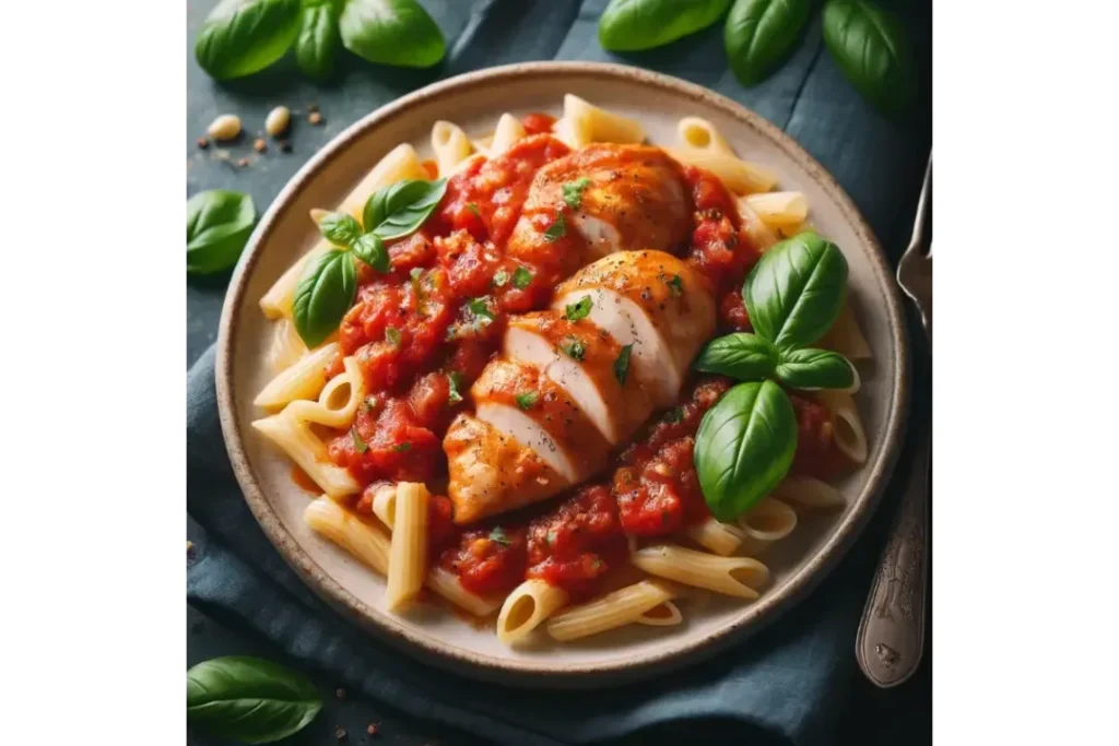 Plate of classic chicken marinara with pasta and basil leaves.
