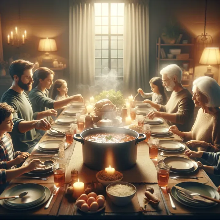 A multi-generational family enjoys Sunday gravy at a well-set dining table, emphasizing the communal and traditional aspects of the meal.