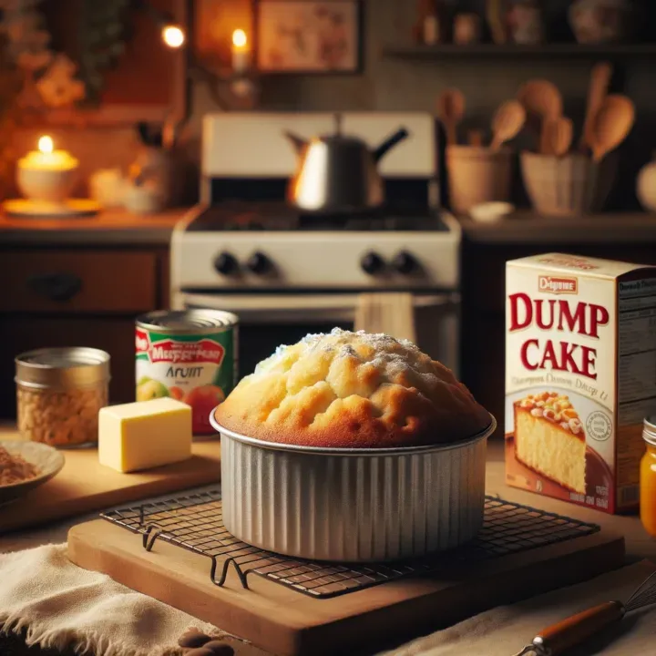 Cozy kitchen with freshly baked dump cake and ingredients on the counter