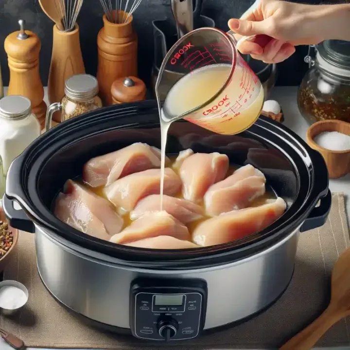Frozen chicken breasts being prepared in a crock pot with broth being poured over them.