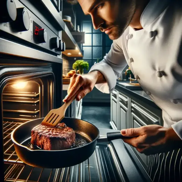 Chef using the reverse searing method on steak in a professional kitchen.