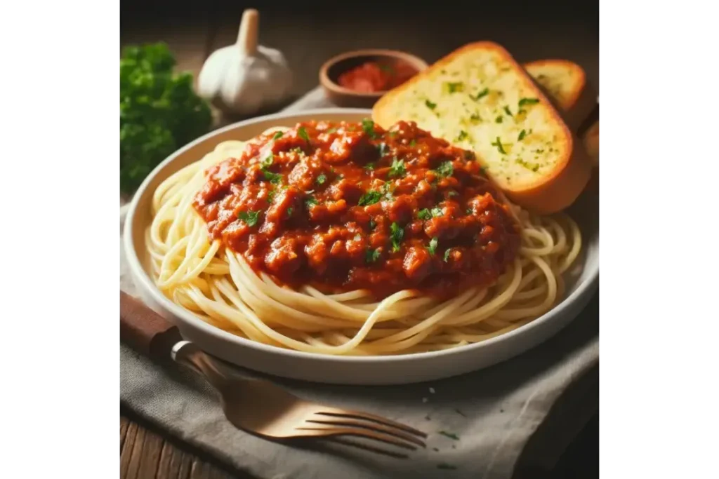 A hearty plate of spaghetti with rich, meaty spaghetti sauce, garnished with parsley and served with garlic bread.