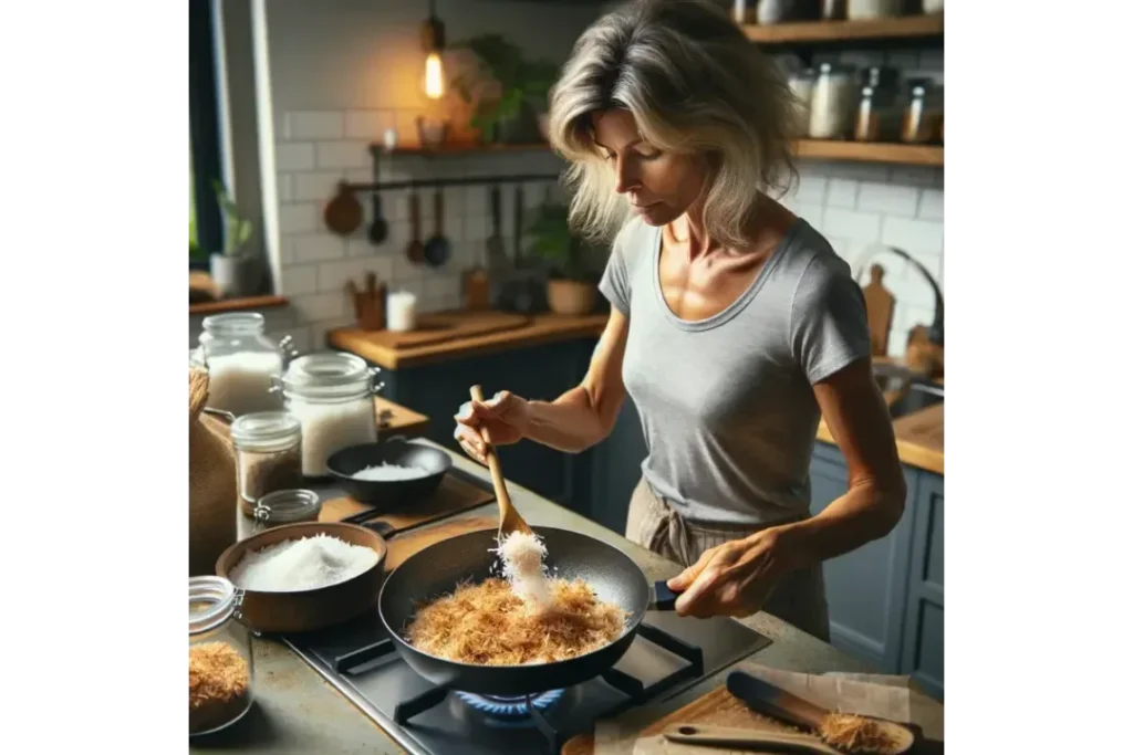A woman toasting coconut flakes on a stovetop in a modern kitchen.