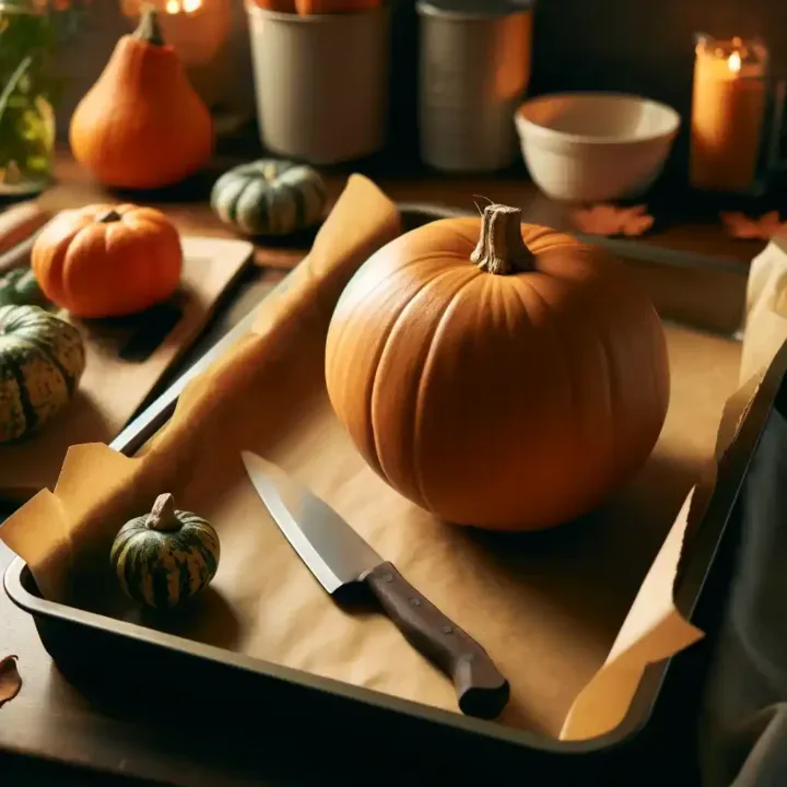 Cozy kitchen scene with a whole pumpkin being prepared for roasting, surrounded by autumn decorations.