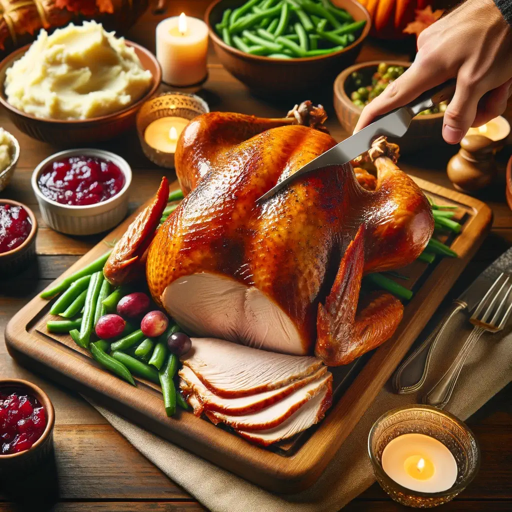 A perfectly roasted turkey being carved on a cutting board, surrounded by traditional side dishes like mashed potatoes, cranberry sauce, and green beans.