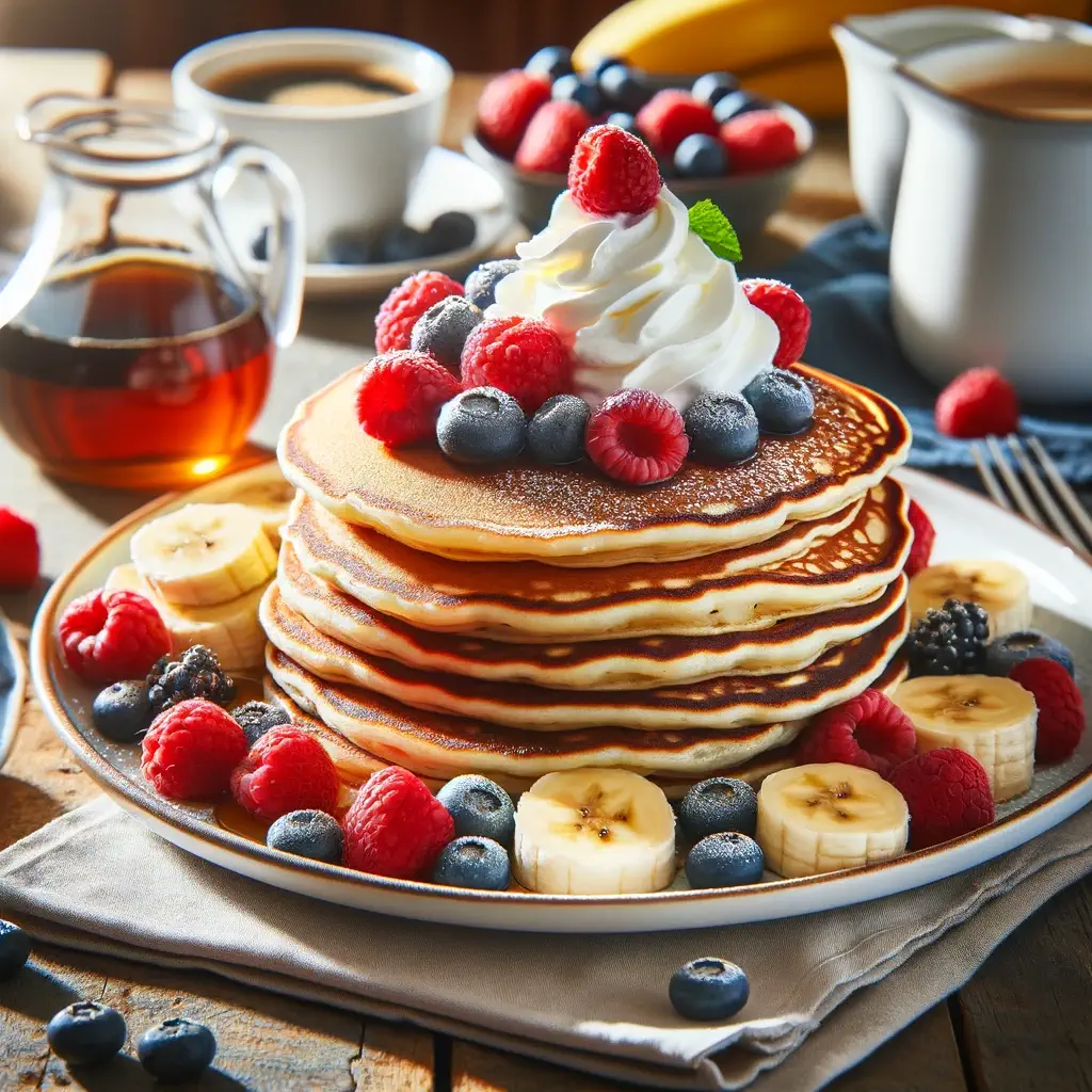 Plate of crispy pancakes served with fresh berries, sliced bananas, and whipped cream on a rustic wooden table with a pitcher of maple syrup and a cup of coffee.