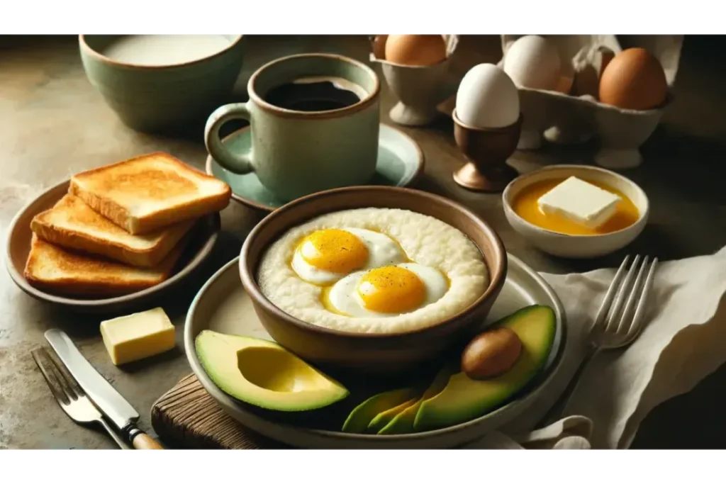 Rustic breakfast table with grits, fried eggs, coffee, and avocado slices