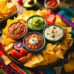 Bowls of salsa, guacamole, queso, and French onion dip with various types of chips on a wooden table.