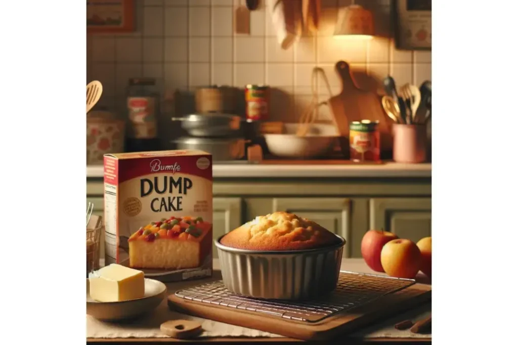 Cozy kitchen with freshly baked dump cake and ingredients on the counter