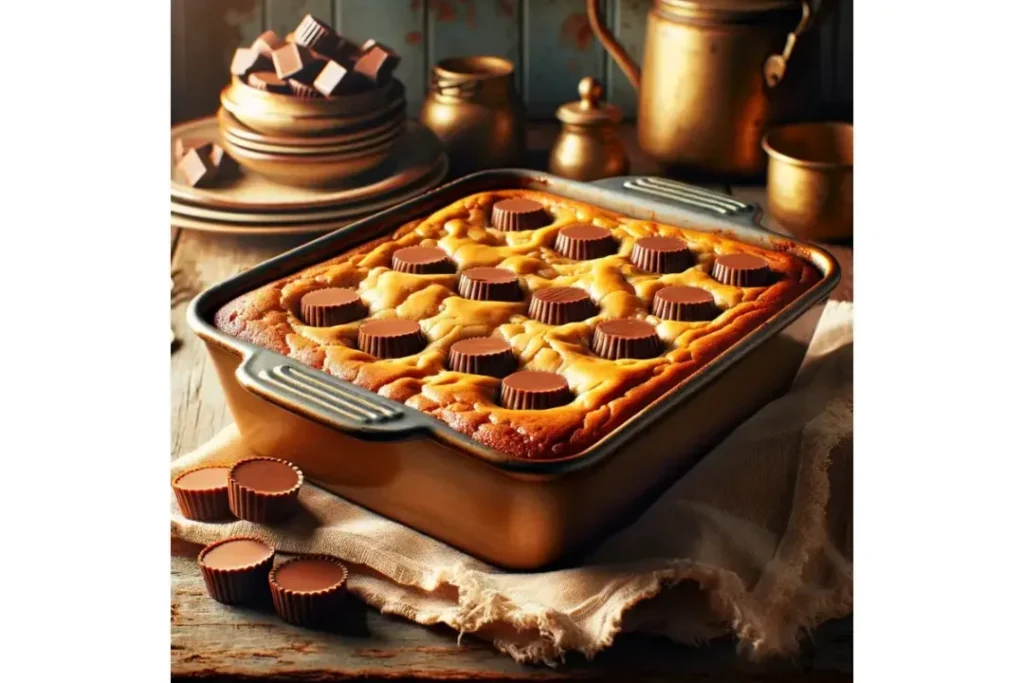 A freshly baked Peanut Butter Cup Dump Cake in a rustic kitchen, with melted peanut butter cups