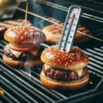 Burgers cooking on a gas grill with grill marks and a meat thermometer.