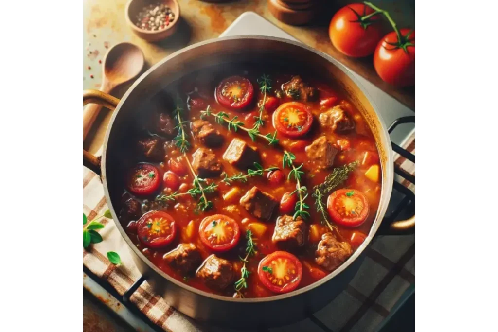 Detailed view of Sunday gravy simmering in a pot, showcasing the rich ingredients like meats, tomatoes, and fresh herbs.
