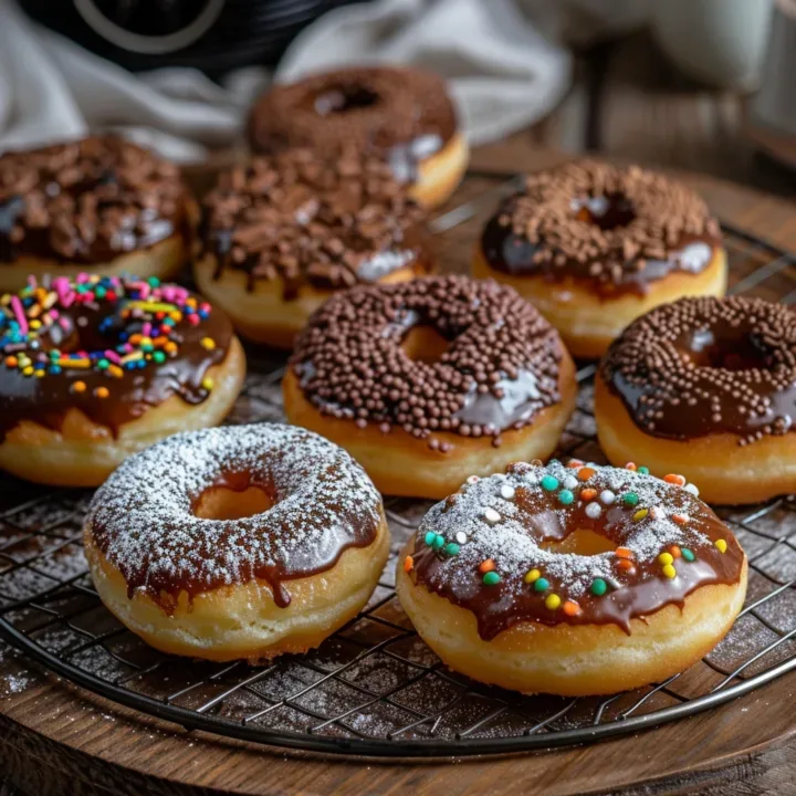 Golden and fluffy Air Fryer Biscuit Donuts on a ceramic plate with various toppings, in a cozy kitchen setting with an air fryer in the background.