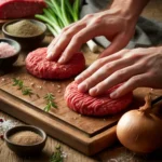 Hands shaping ground beef into patties on a cutting board with seasonings.