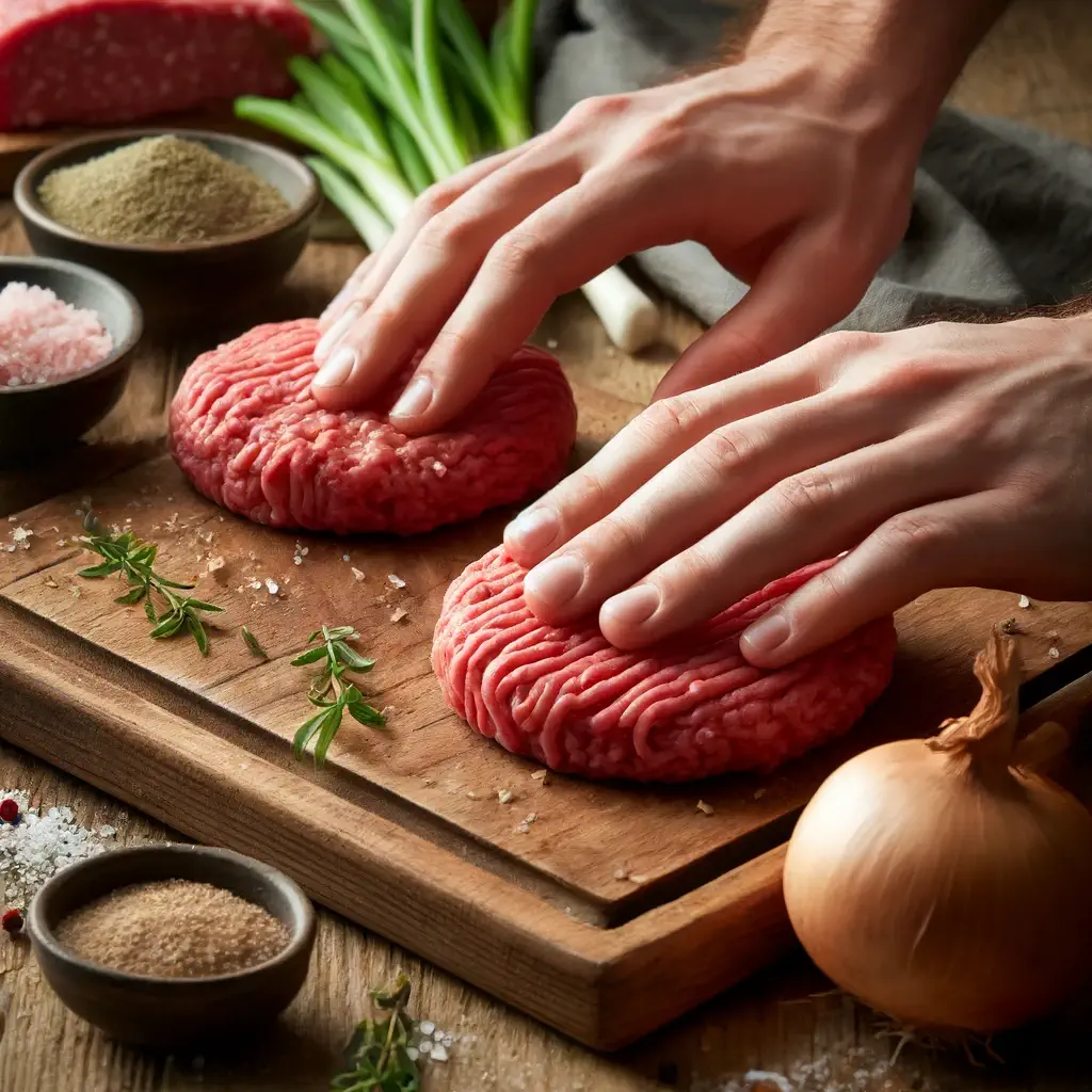 Hands shaping ground beef into patties on a cutting board with seasonings.