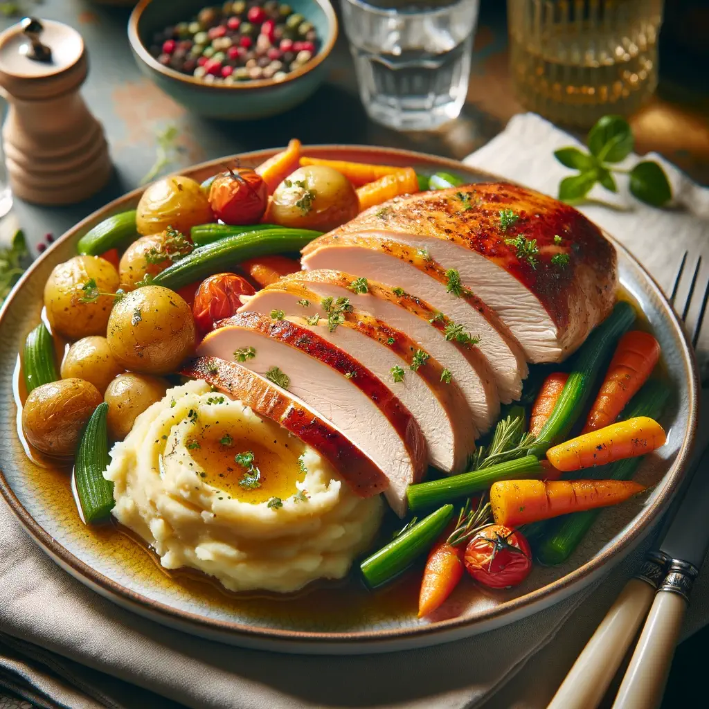 Sliced turkey breast served on a plate with roasted vegetables and mashed potatoes, garnished with fresh herbs.