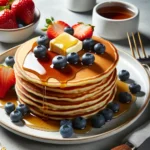 A stack of crispy pancakes topped with fresh berries, a pat of butter, and a drizzle of maple syrup.